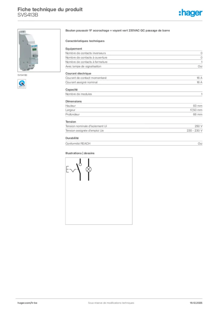Image Hager Fiche technique du produit SVS413B | Hager Belgique