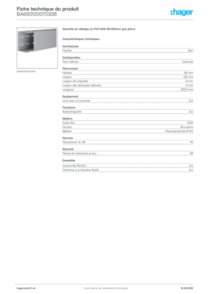 Image Hager Fiche technique du produit BA68012007030B | Hager Suisse