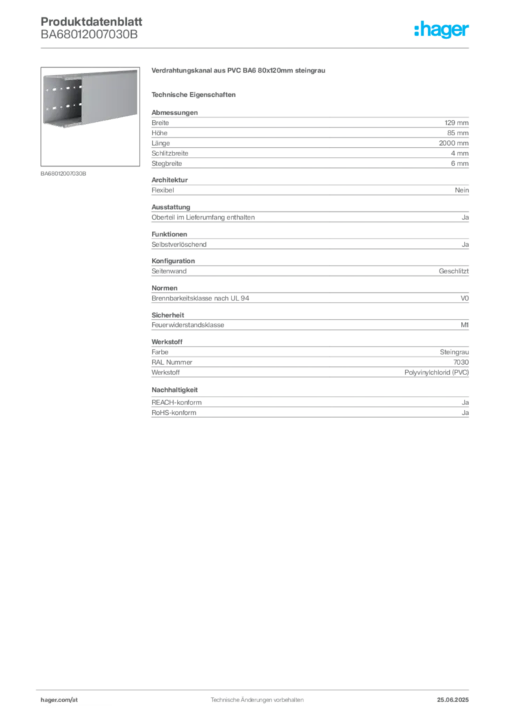 Bild Hager Produktdatenblatt BA68012007030B | Hager Deutschland