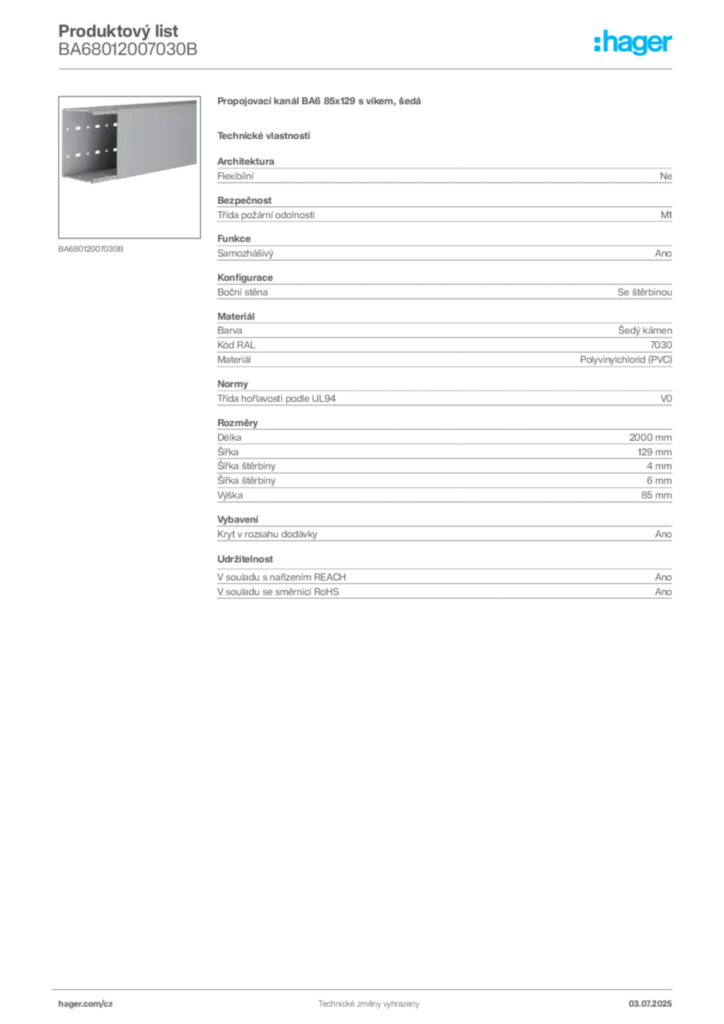 Obrázek Hager Produktový list BA68012007030B | Hager