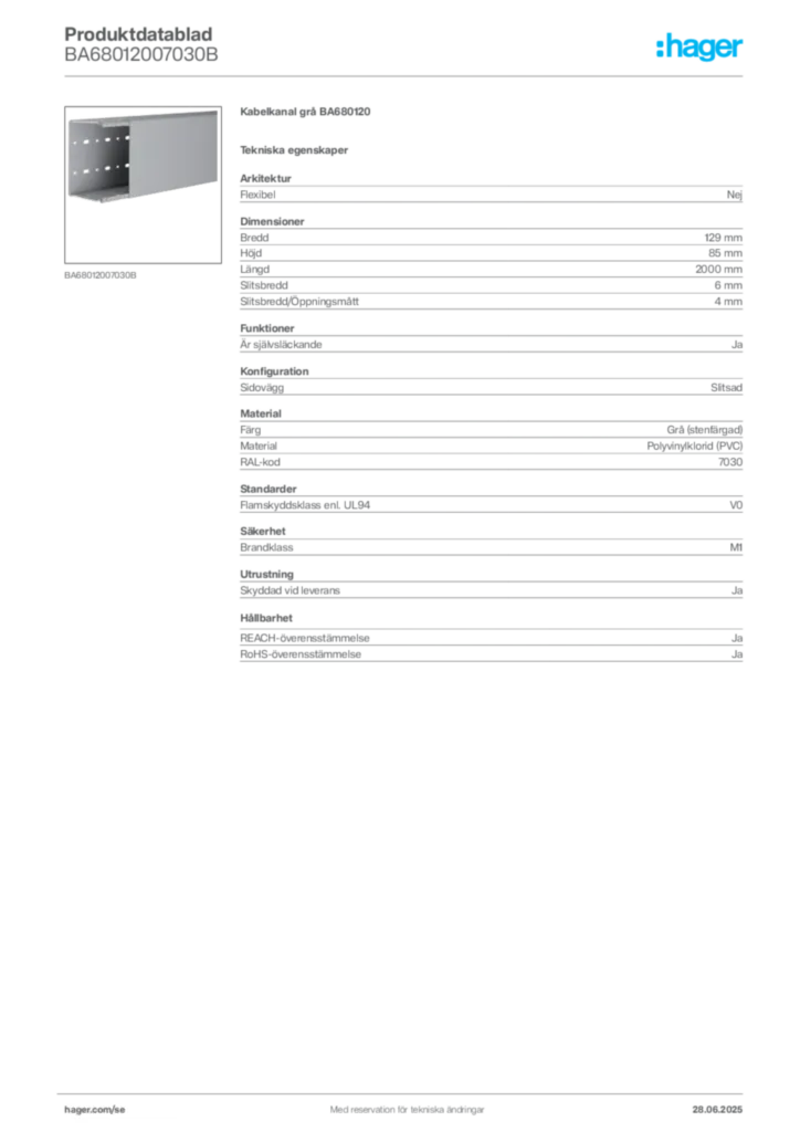 Bild Hager Produktdatablad BA68012007030B | Hager Sverige