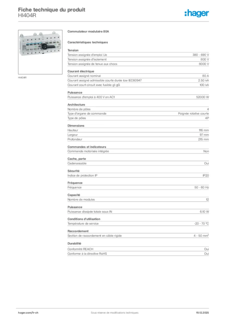 Image Hager Fiche technique du produit HI404R | Hager Suisse