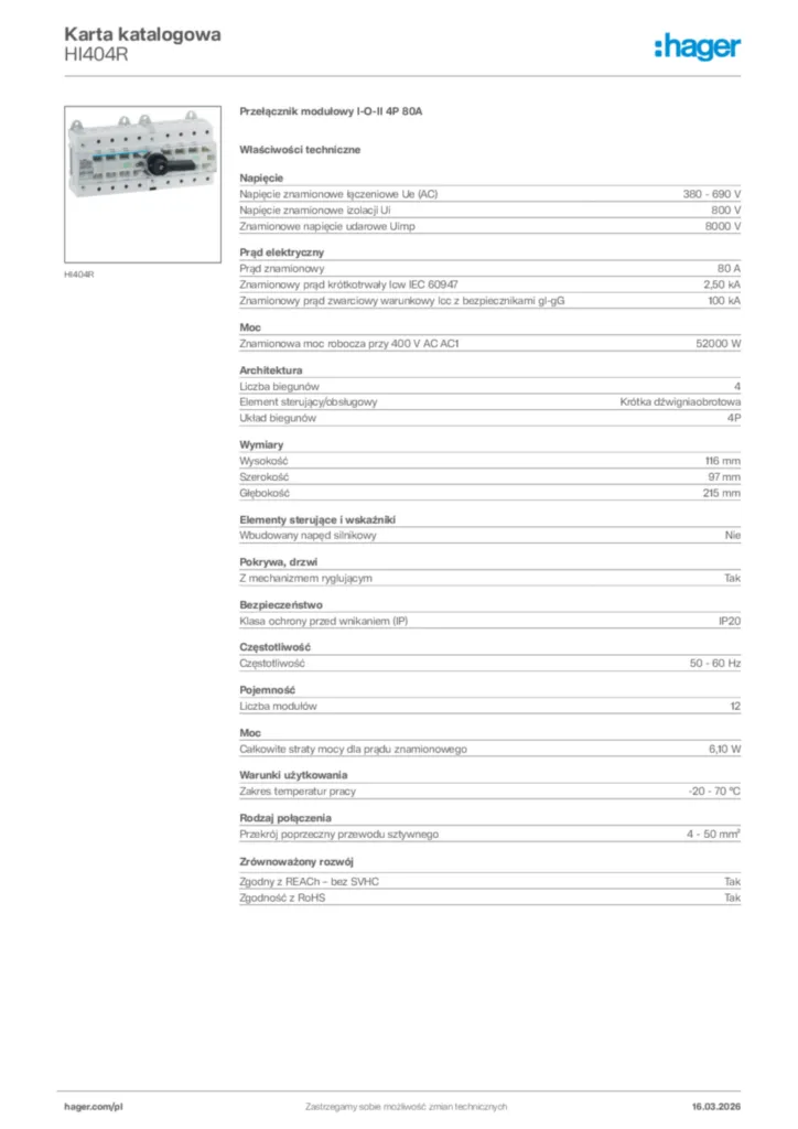 Zdjęcie Hager Karta katalogowa HI404R | Hager Polska