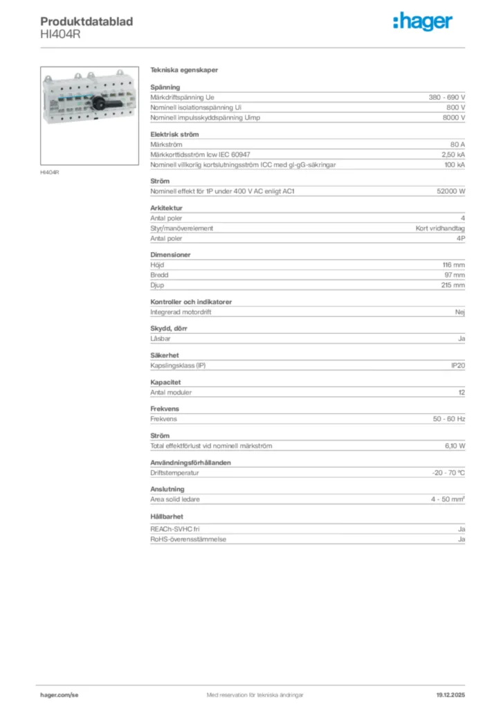 Bild Hager Produktdatablad HI404R | Hager Sverige