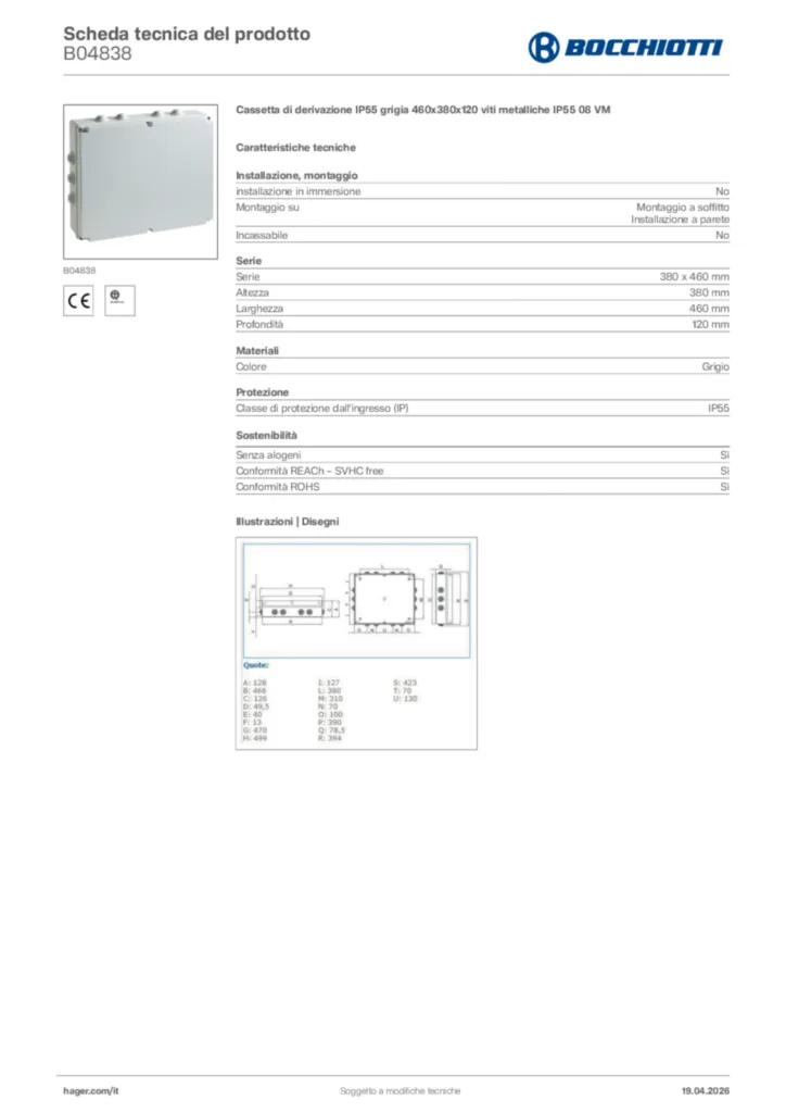 Immagine Bocchiotti Scheda tecnica del prodotto B04838 | Hager Italia