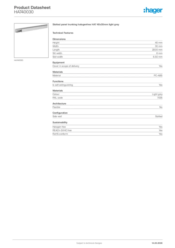 Image Hager Product data sheet HA740030  | Hager Africa