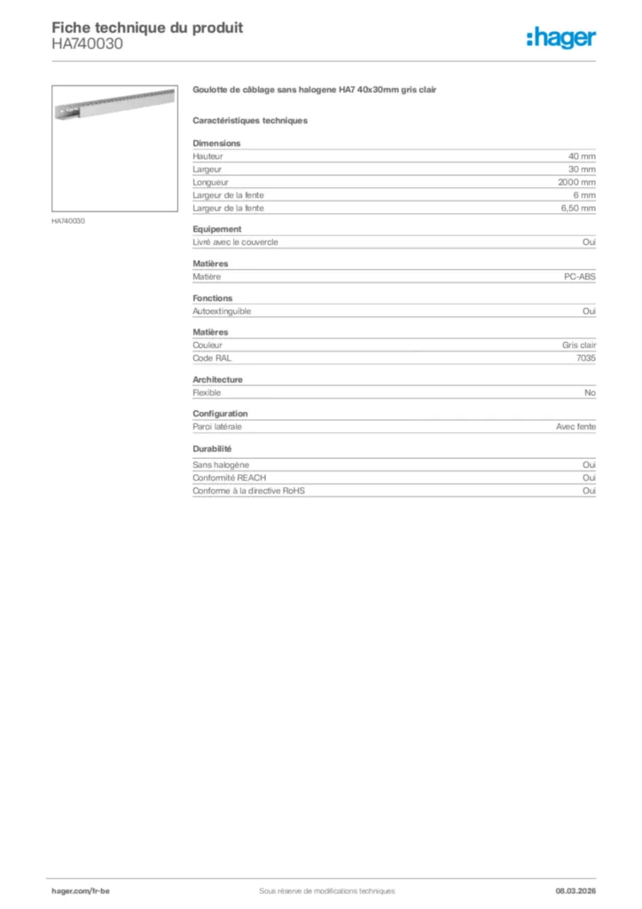 Image Hager Fiche technique du produit HA740030 | Hager Belgique