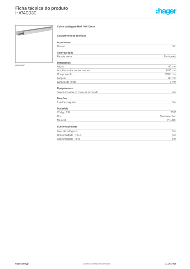 Imagem Hager Ficha técnica do produto HA740030 | Hager Portugal