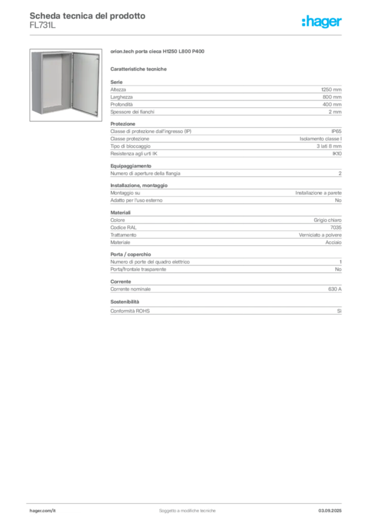 Immagine Hager Scheda tecnica del prodotto FL731L | Hager Italia