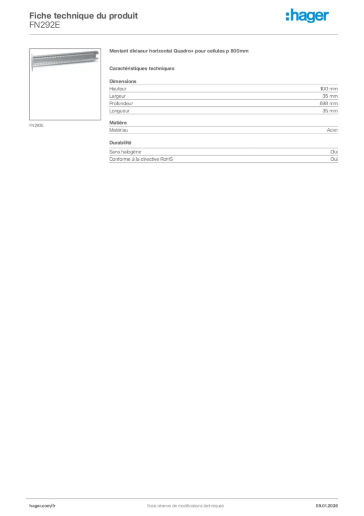 Image Hager Fiche technique du produit FN292E | Hager France
