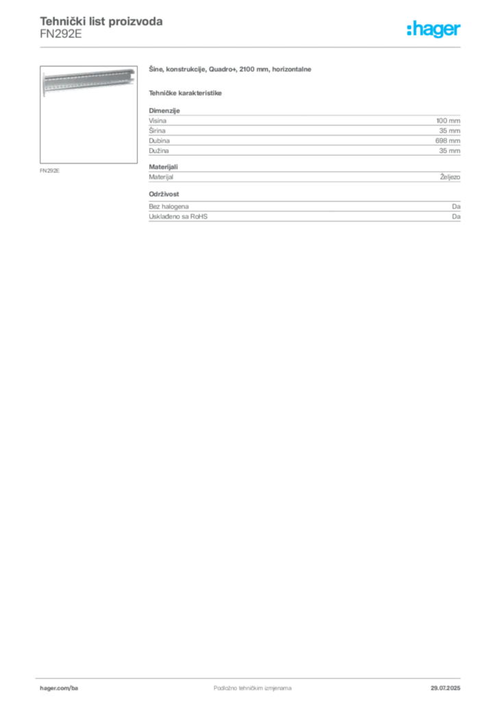Slika Hager Product data sheet FN292E  | Hager