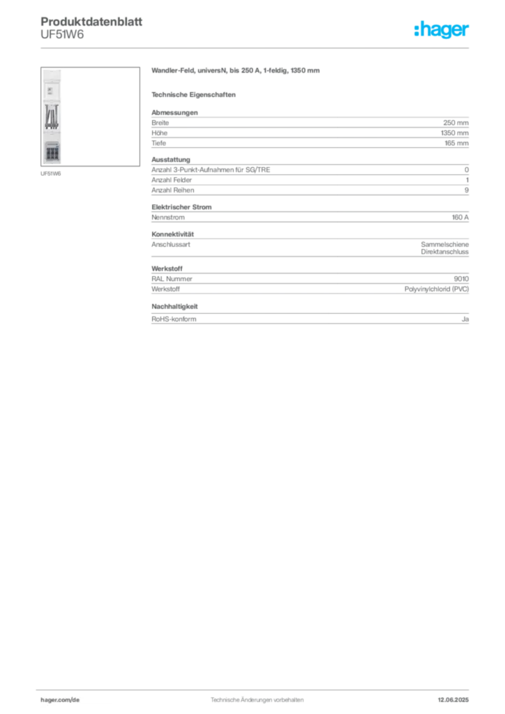 Bild Hager Produktdatenblatt UF51W6 | Hager Deutschland