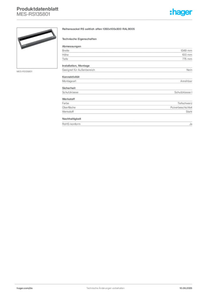 Bild Hager Produktdatenblatt MES-RS135801 | Hager Deutschland