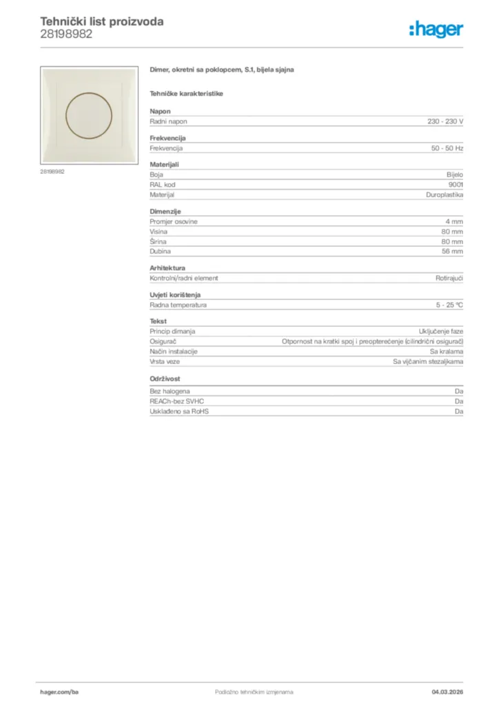 Slika Hager Tehnički list proizvoda 28198982  | Hager