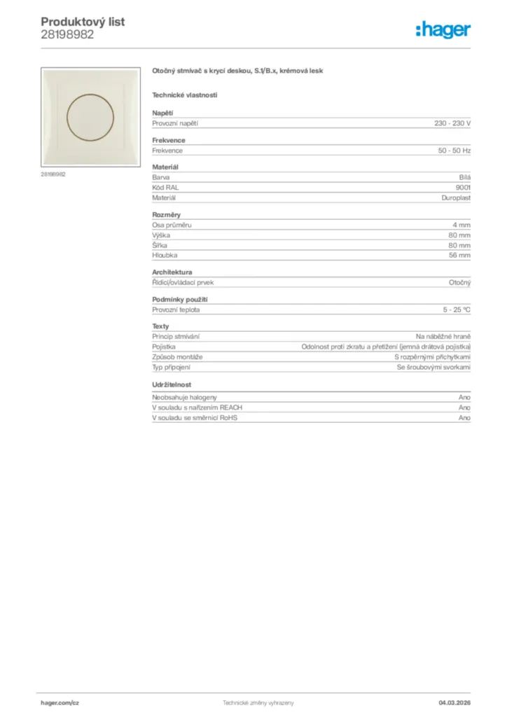 Obrázek Hager Product data sheet 28198982 | Hager
