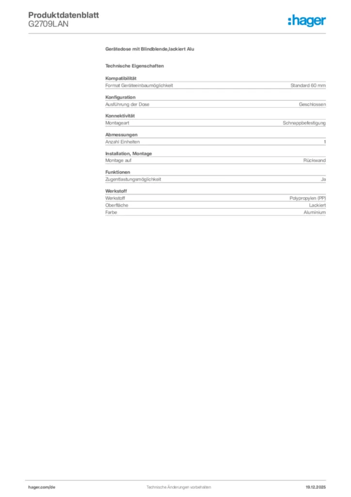 Bild Hager Produktdatenblatt G2709LAN | Hager Deutschland