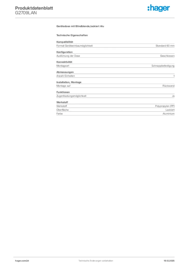 Bild Hager Produktdatenblatt G2709LAN | Hager Deutschland