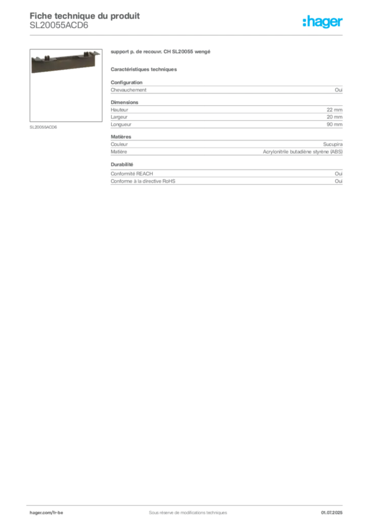Image Hager Fiche technique du produit SL20055ACD6 | Hager Belgique