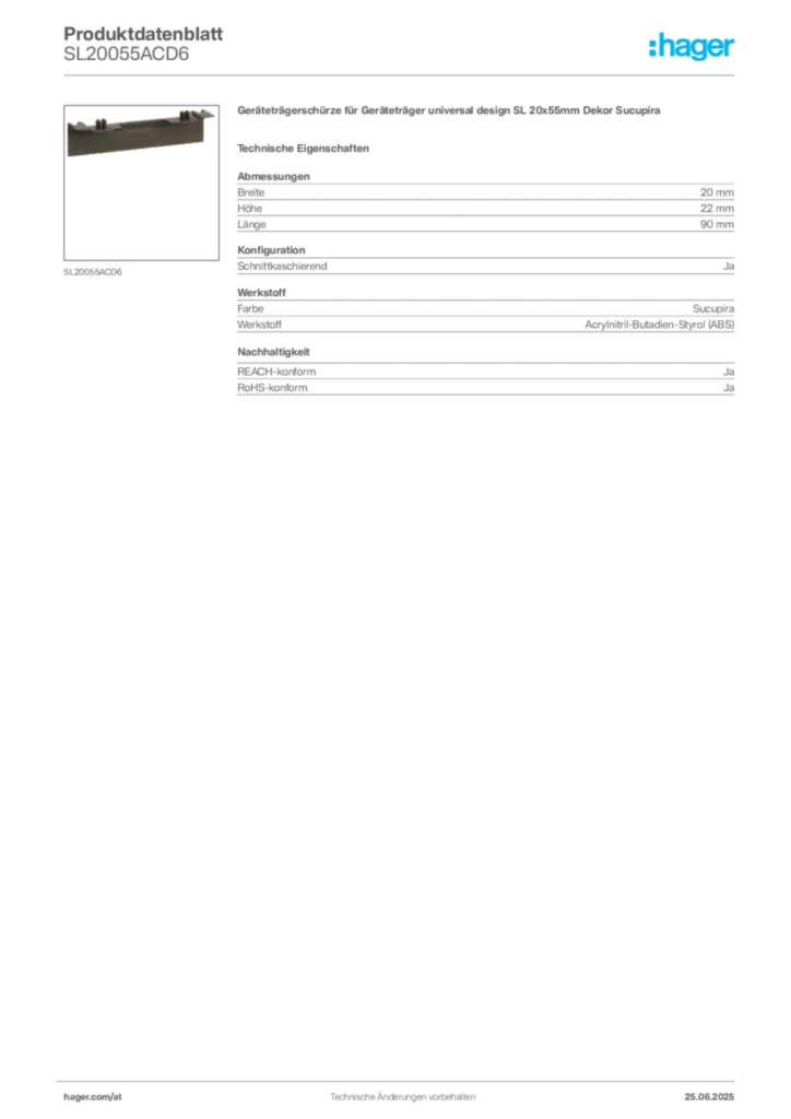 Bild Hager Produktdatenblatt SL20055ACD6 | Hager Deutschland