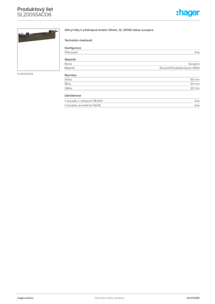 Obrázek Hager Produktový list SL20055ACD6 | Hager