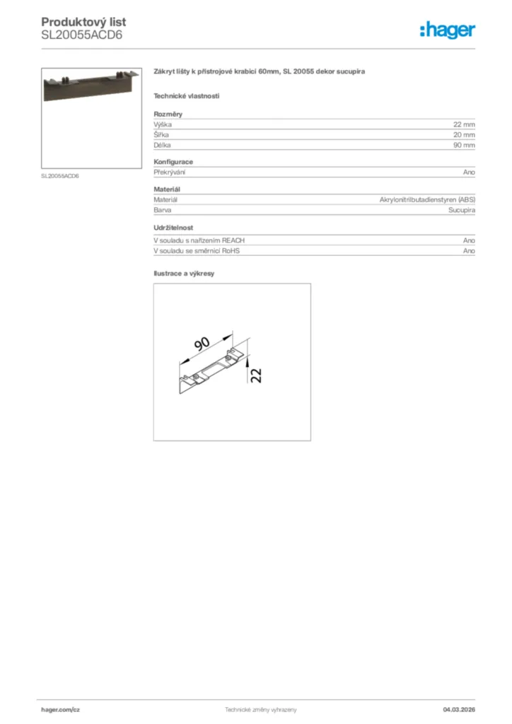 Obrázek Hager Product data sheet SL20055ACD6 | Hager