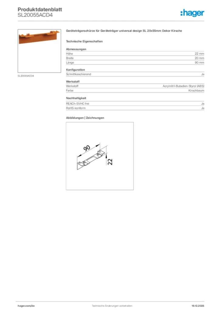 Bild Hager Produktdatenblatt SL20055ACD4 | Hager Deutschland