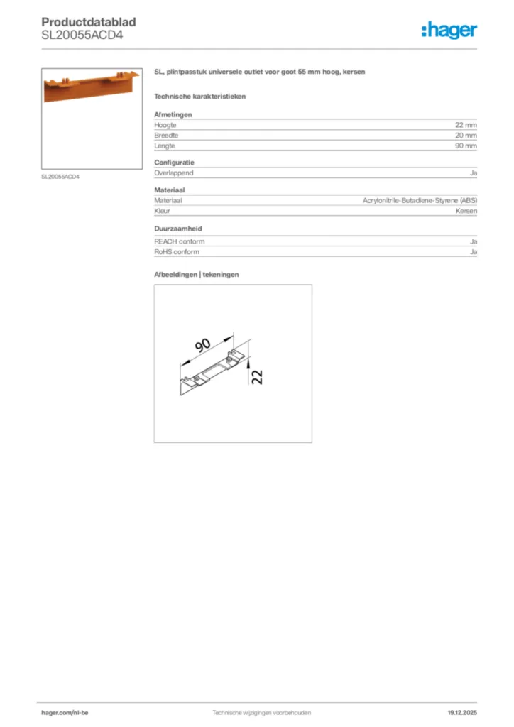 Afbeelding Hager Productdatablad SL20055ACD4 | Hager Belgium