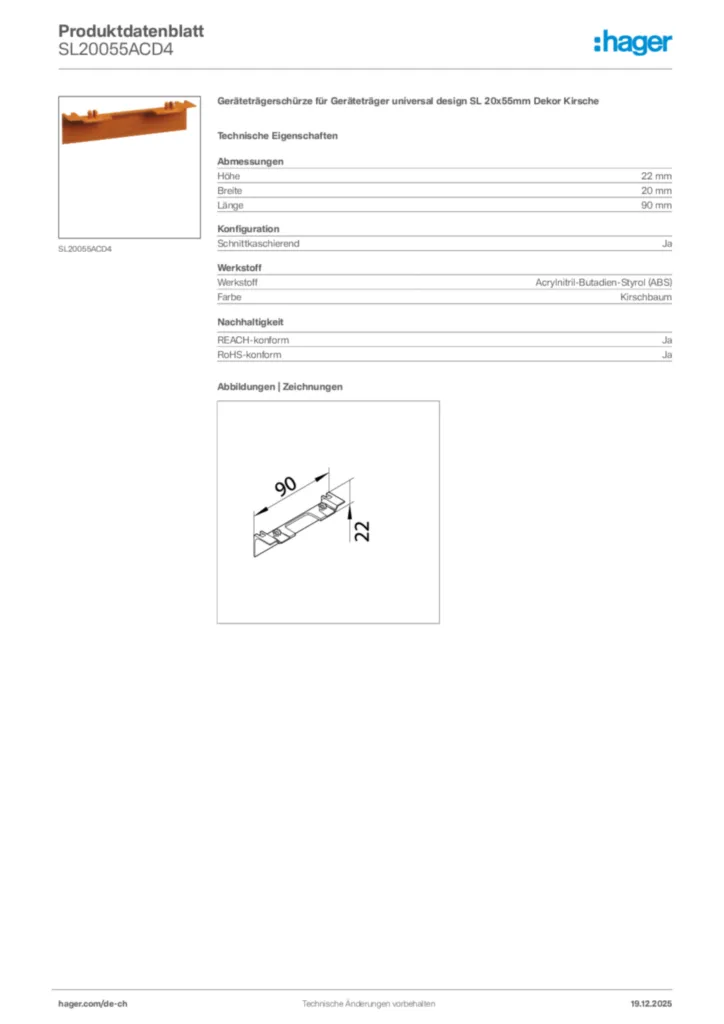 Bild Hager Produktdatenblatt SL20055ACD4 | Hager Schweiz