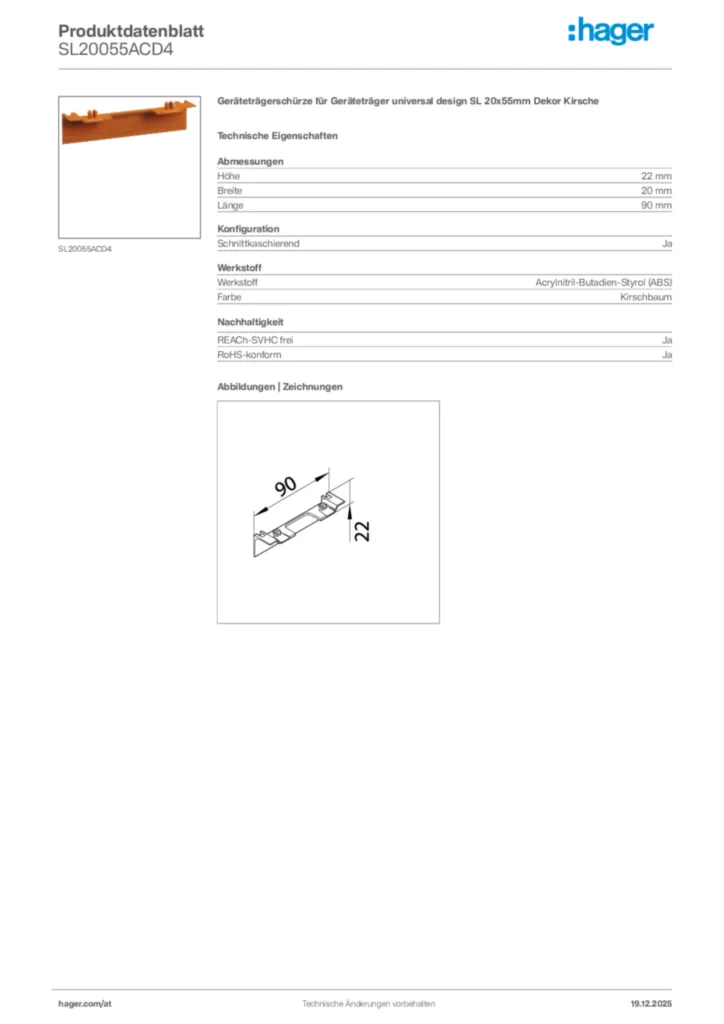Bild Hager Produktdatenblatt SL20055ACD4 | Hager Deutschland