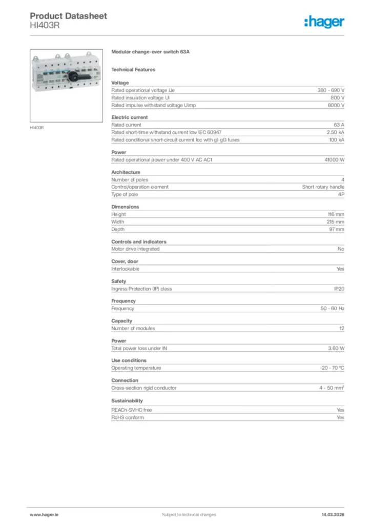 Image Hager Product data sheet HI403R  | Hager