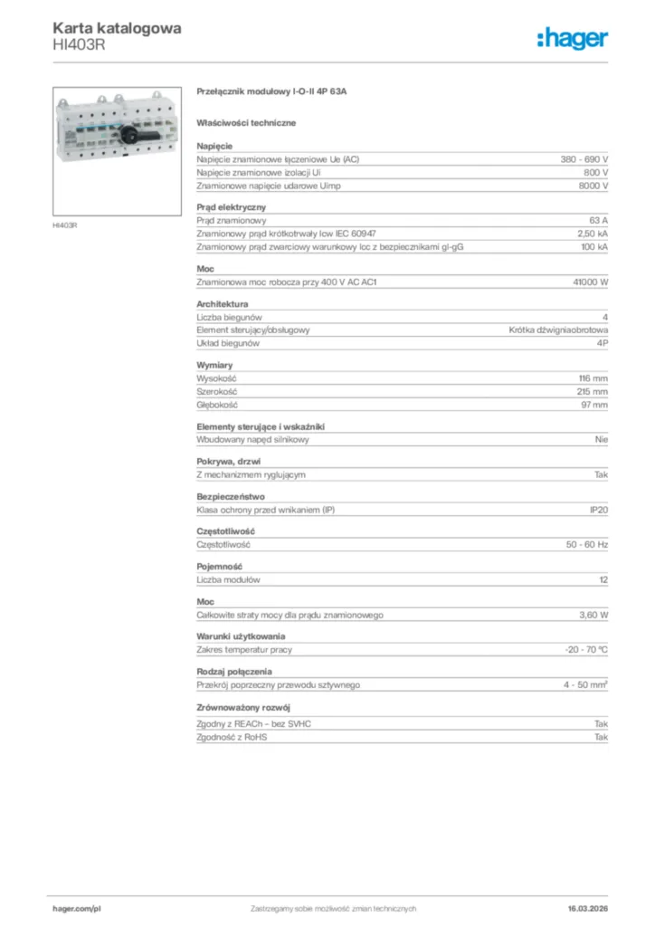 Zdjęcie Hager Karta katalogowa HI403R | Hager Polska