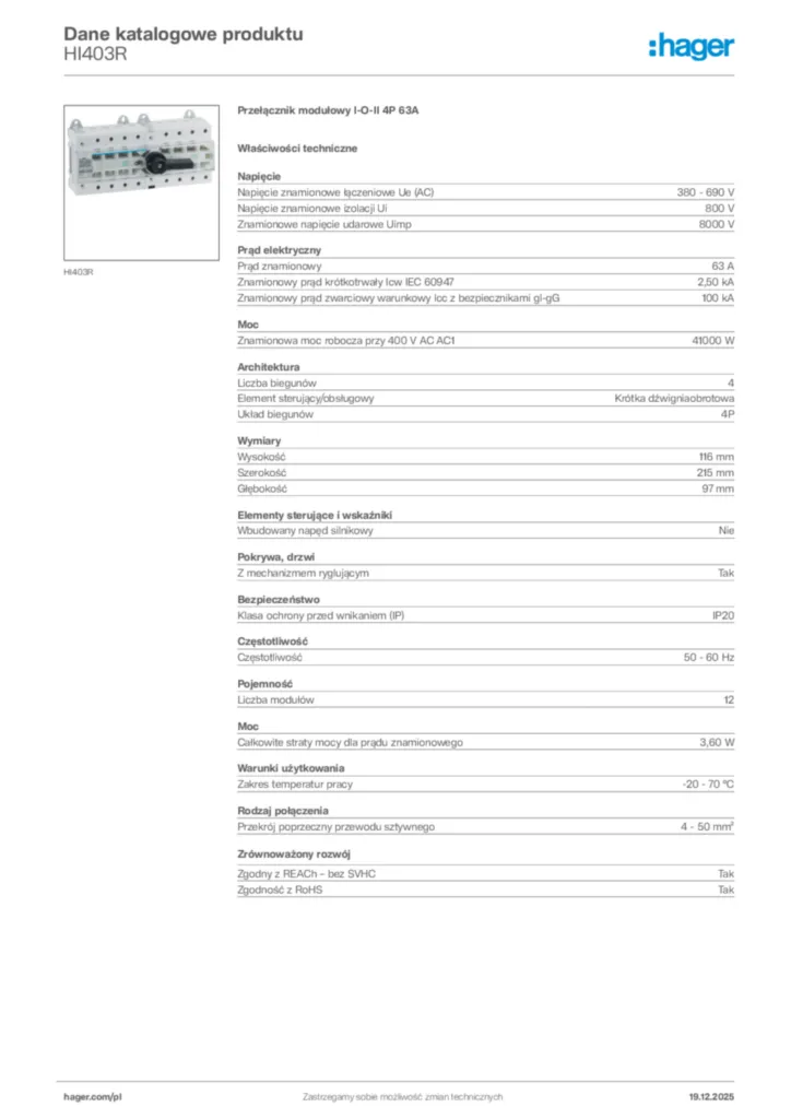 Zdjęcie Hager Karta katalogowa HI403R | Hager Polska