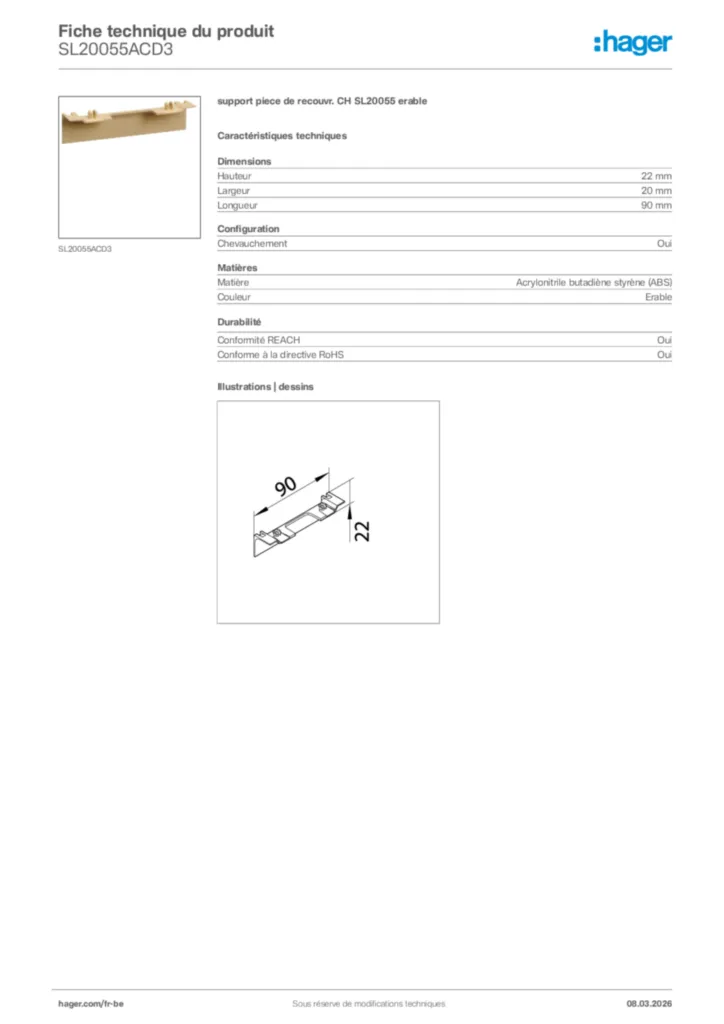 Image Hager Fiche technique du produit SL20055ACD3 | Hager Belgique