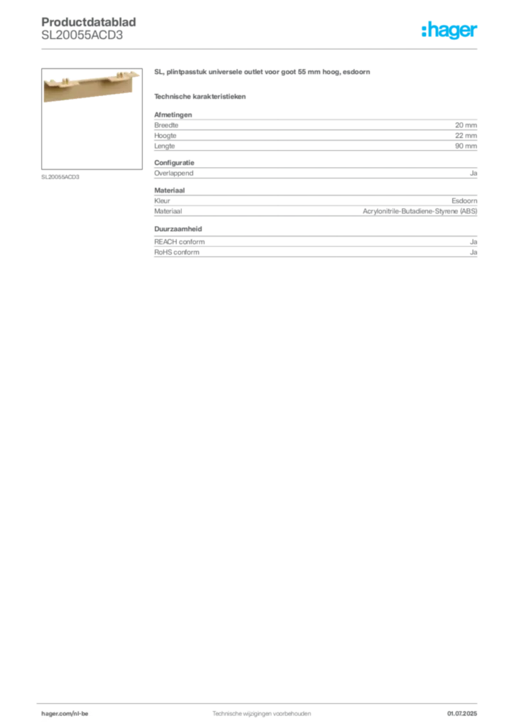 Afbeelding Hager Productdatablad SL20055ACD3 | Hager Belgium