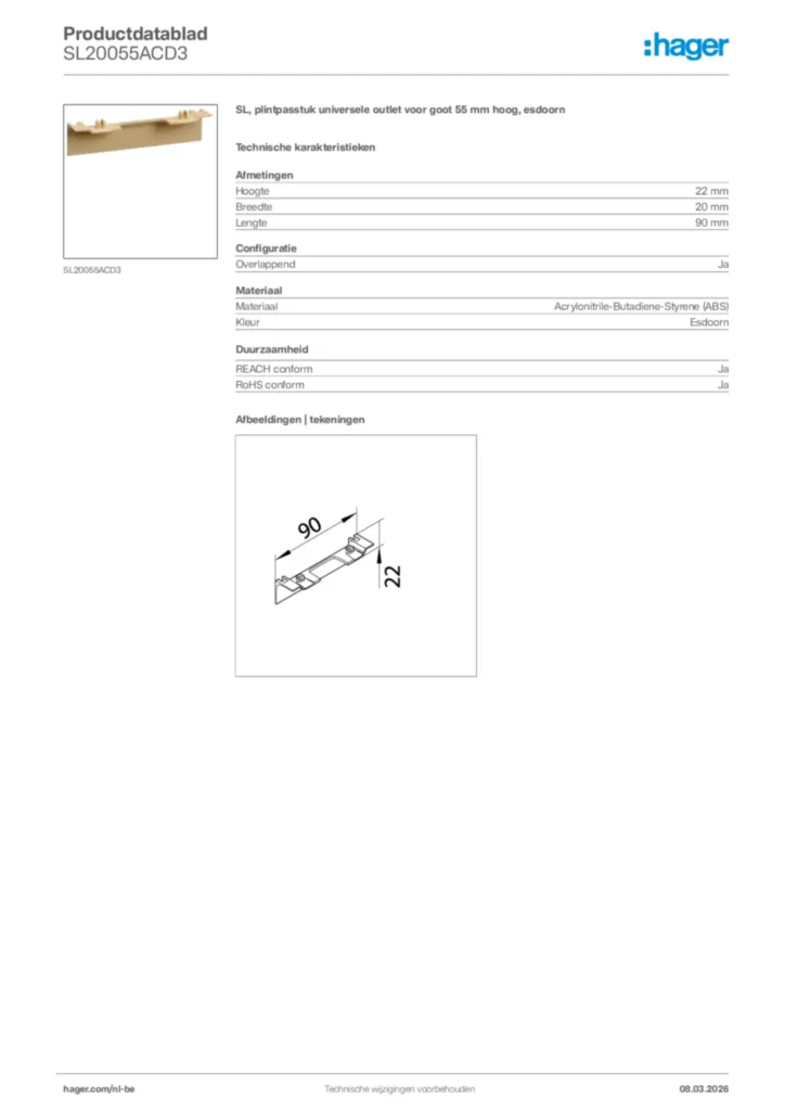 Afbeelding Hager Productdatablad SL20055ACD3 | Hager Belgium