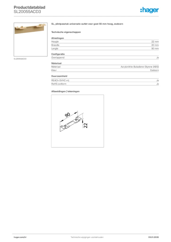 Afbeelding Hager Productdatablad SL20055ACD3 | Hager Nederland