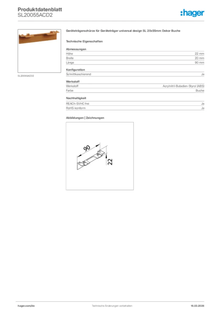 Bild Hager Produktdatenblatt SL20055ACD2 | Hager Deutschland