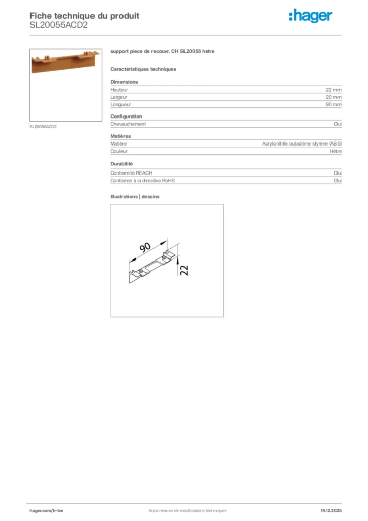 Image Hager Fiche technique du produit SL20055ACD2 | Hager Belgique