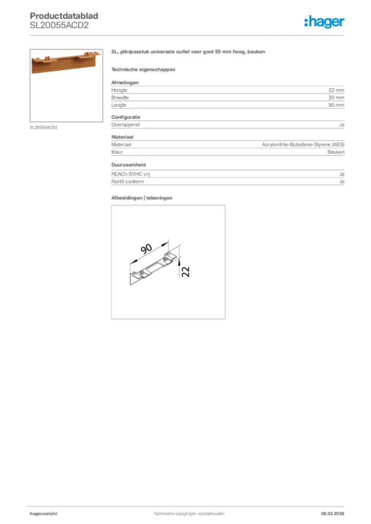 Afbeelding Hager Productdatablad SL20055ACD2 | Hager Nederland