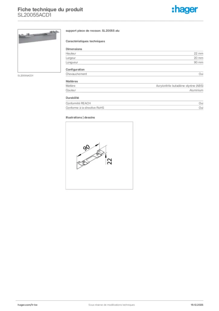 Image Hager Fiche technique du produit SL20055ACD1 | Hager Belgique