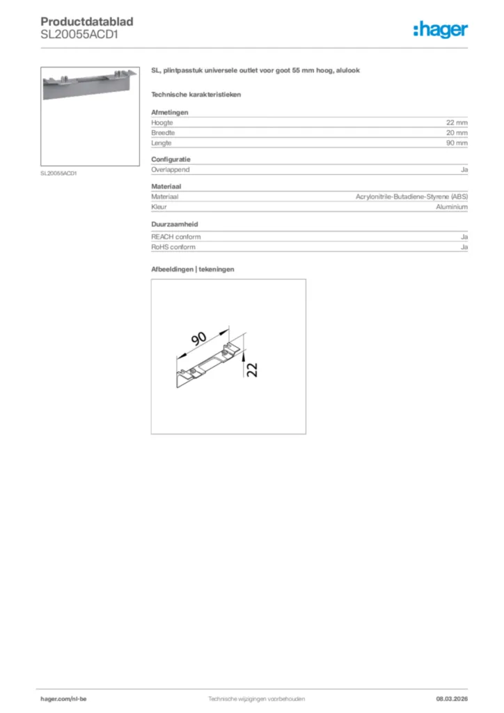 Afbeelding Hager Productdatablad SL20055ACD1 | Hager Belgium