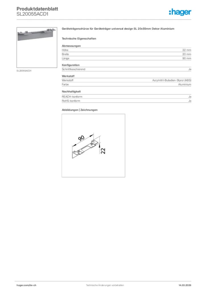 Bild Hager Produktdatenblatt SL20055ACD1 | Hager Schweiz