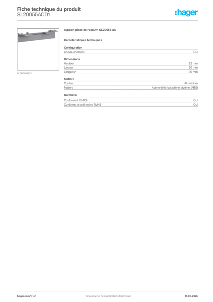 Image Hager Fiche technique du produit SL20055ACD1 | Hager Suisse