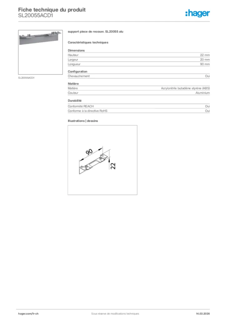Image Hager Fiche technique du produit SL20055ACD1 | Hager Suisse