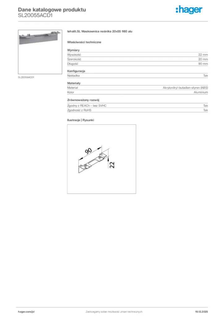 Zdjęcie Hager Karta katalogowa SL20055ACD1 | Hager Polska