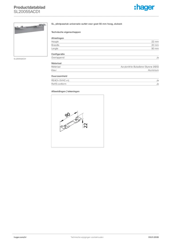 Afbeelding Hager Productdatablad SL20055ACD1 | Hager Nederland
