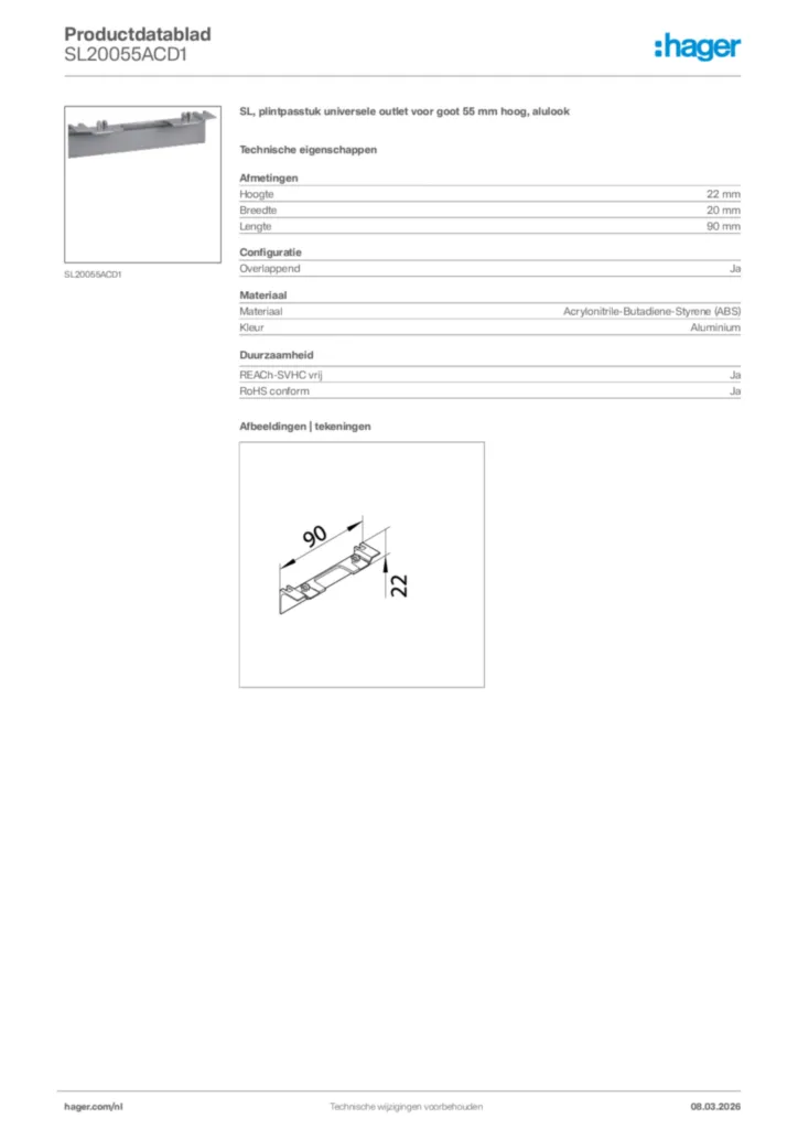 Afbeelding Hager Productdatablad SL20055ACD1 | Hager Nederland