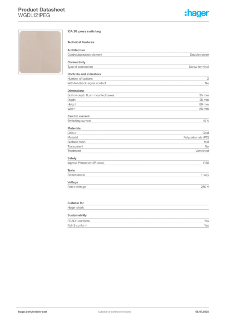 Image Hager Product data sheet WGDL121PEG  | Hager