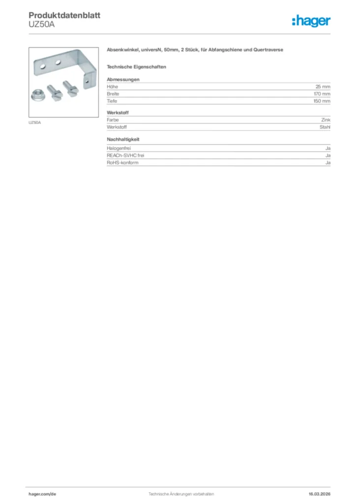 Bild Hager Produktdatenblatt UZ50A | Hager Deutschland