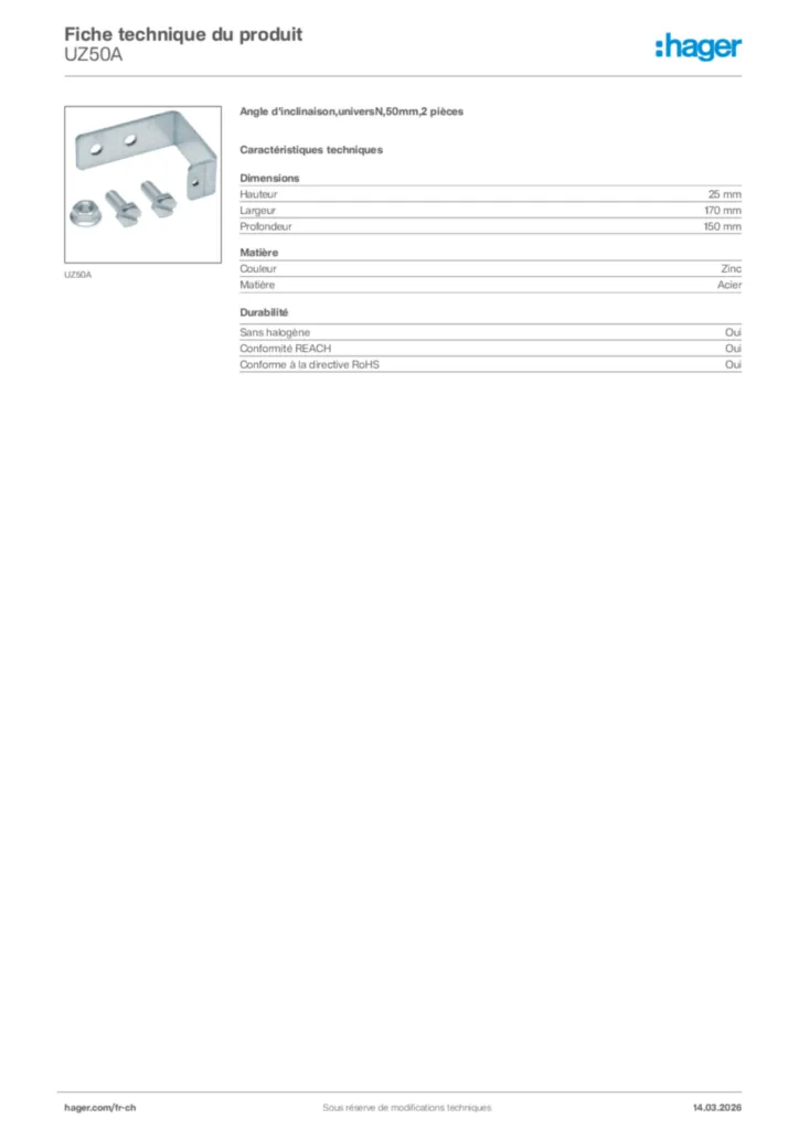 Image Hager Fiche technique du produit UZ50A | Hager Suisse
